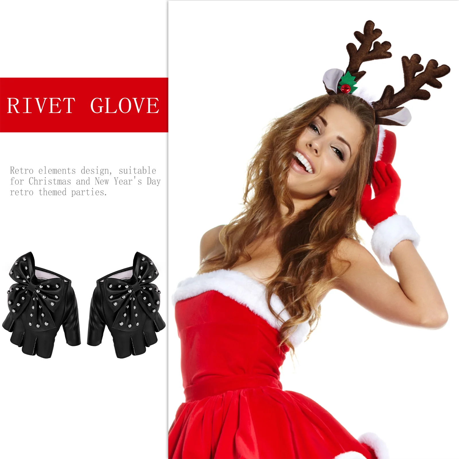 

1Pair Lady Half-Finger Glove Unique Rivet Bow-Knot Detail Comfortable Wear Breathable Retro Look Holiday Gift for Family Loved