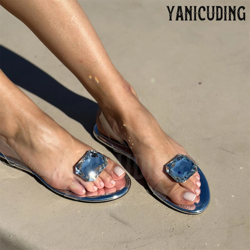 

Multicolor Patent Leather Rhinestone Flat Sandals Back Strap Comfortable Round Toe Sandal Luxury Crystal Summer Flats Customized