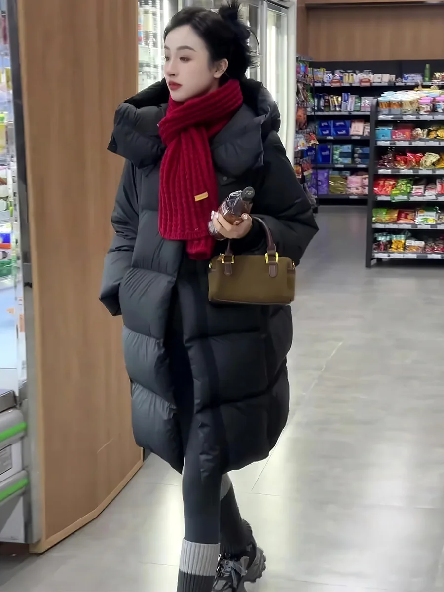 

Loose Women's Puffer Jaet 2025 Winter New Sle Hat Inteated Du down Warm Outerwear Mid-Length Bla Fluffy Feeling