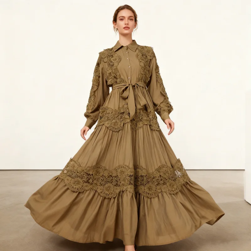 Ele dentelle épissure col rabattable Maxi Dr Vaion longue Dr nouveau Sle vent t-shirt jupe dimensionnelle taille haute velours matériel