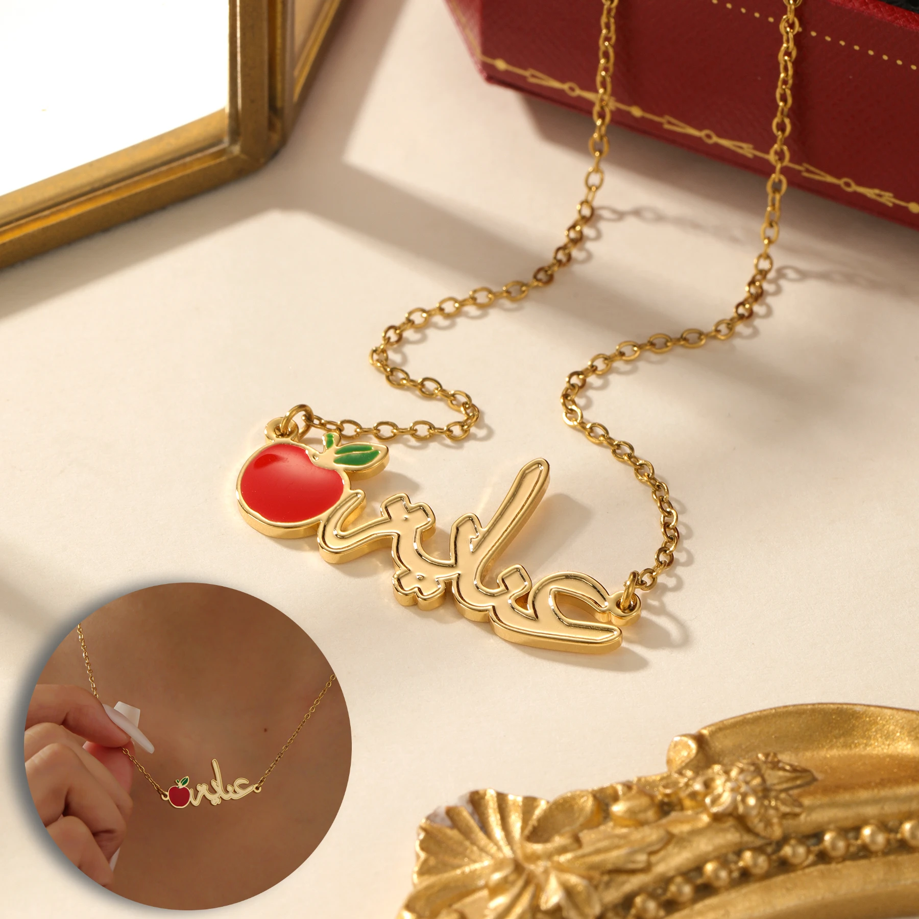 

Ожерелье с арабским именем на заказ, позолоченный кулон с ежемесячными фруктами, тонкая цепочка, исламские культурные украшения, подарок для женщин, ее Рамадан Ид