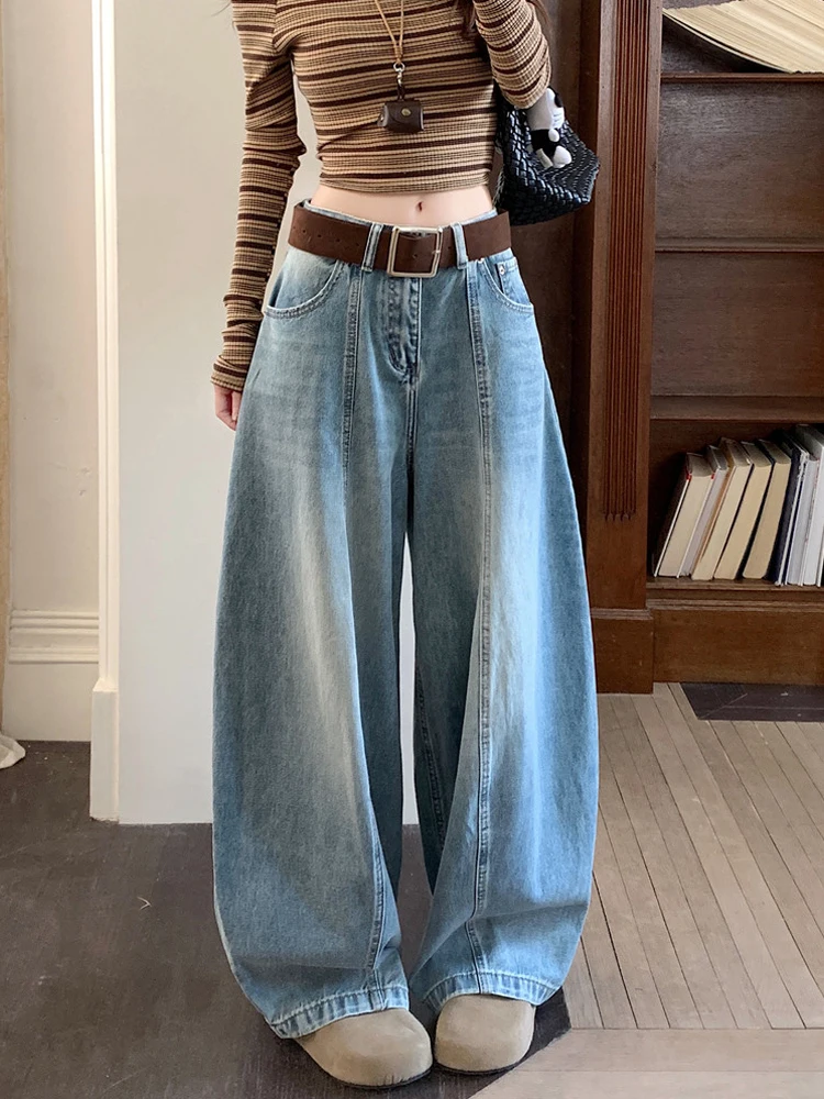 

American Style Retro Wide Leg Jeans High Waist Slim Straight Drapey Floor Length Pants Women Casual Washed Color