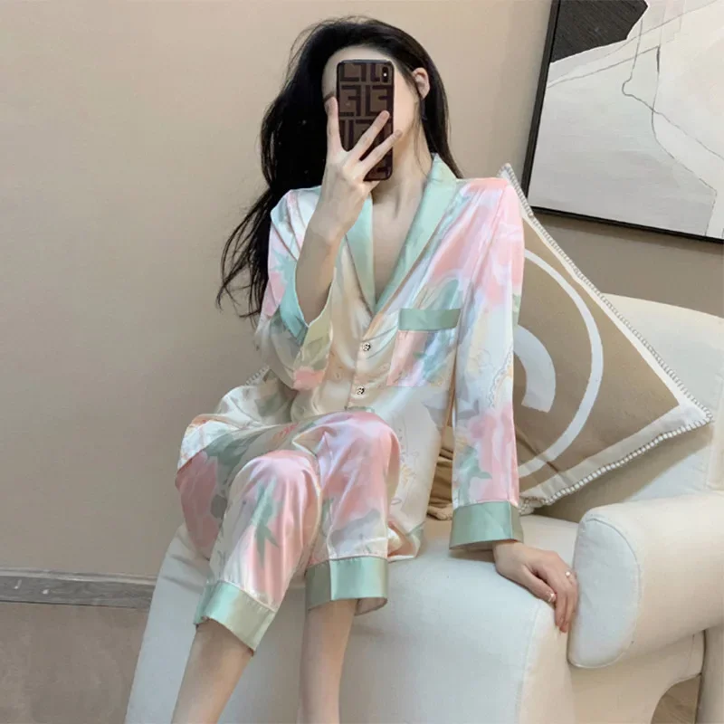 Women\'s 2 Piece Pajamas Set Floral Pijama Faux Silk Satin Pyjama Female Sleepwear Long Sleeve Lapel Shirt Pants Suits Homewear