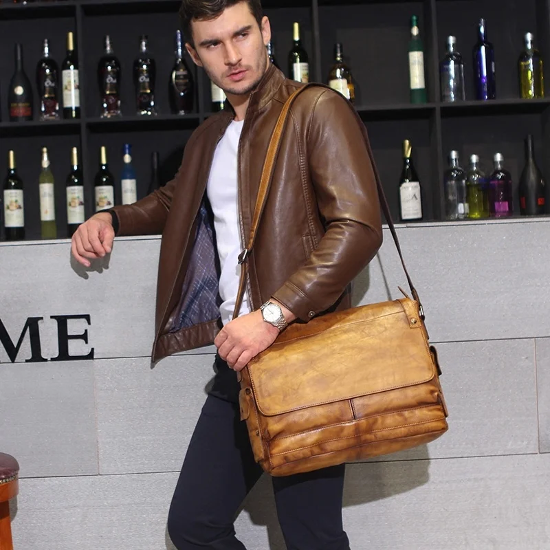 male Leisure Cowhide leather men's bag cross section vegetable tanned first layer shoulder retro Messenger s