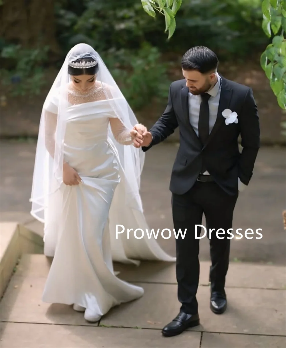 Prowow Modest Pearls Muslim A Line Wedding Dresses Off Shoulder Floor Length Bridal Gowns Customized Pleats Back
