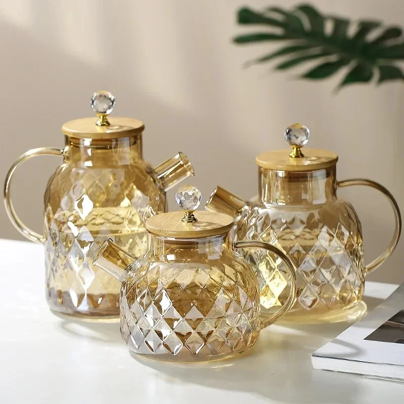 1/1.5/1.8L Glass Teapot With Bamboo Lid Glass Kettle Heat-resistant Thicken Glass Household Juice Flower Teapot Nordic Drinkware