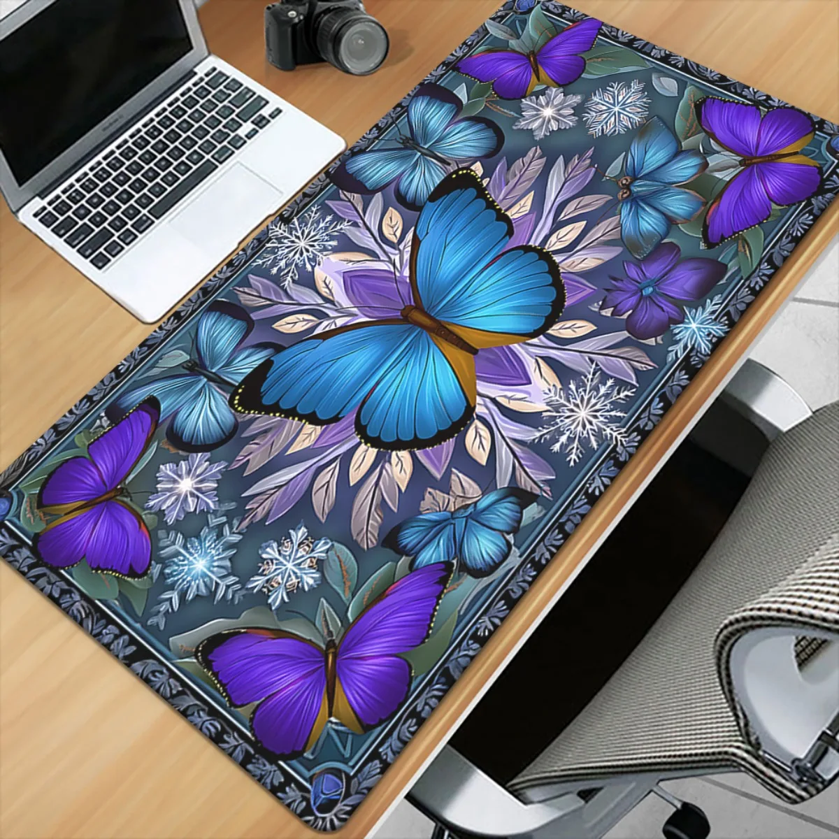 1pc XXL Large Gaming Office Mouse Pad Non-Slip Rubber Base Iridescent Butterfly Snowflake Pattern Multicolor Desk Mat for PC Com