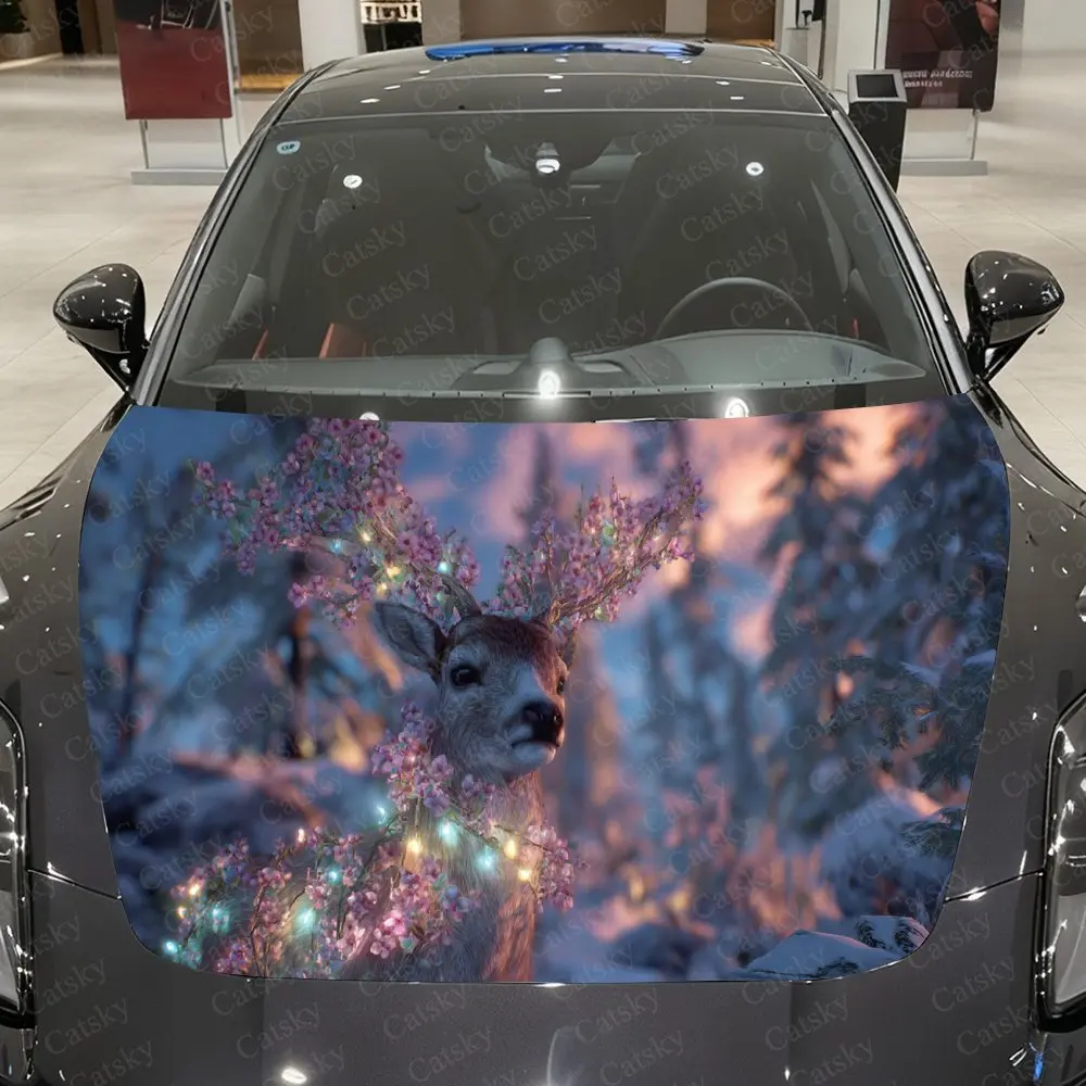 Streaming-Light Reindeer & Aurora Snow Car Vinyl Wrap, PVC Waterproof Car Hood Sticker, Self-Adhesive Scratch-Resistant Stickers