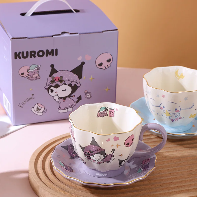 Sanrio Kuromi Mymelody Cartoon Ceramic Coffee Mugs With Saucer Set Beautiful Tea Cup Set Handle Cup For Coffee Juice Drinkware