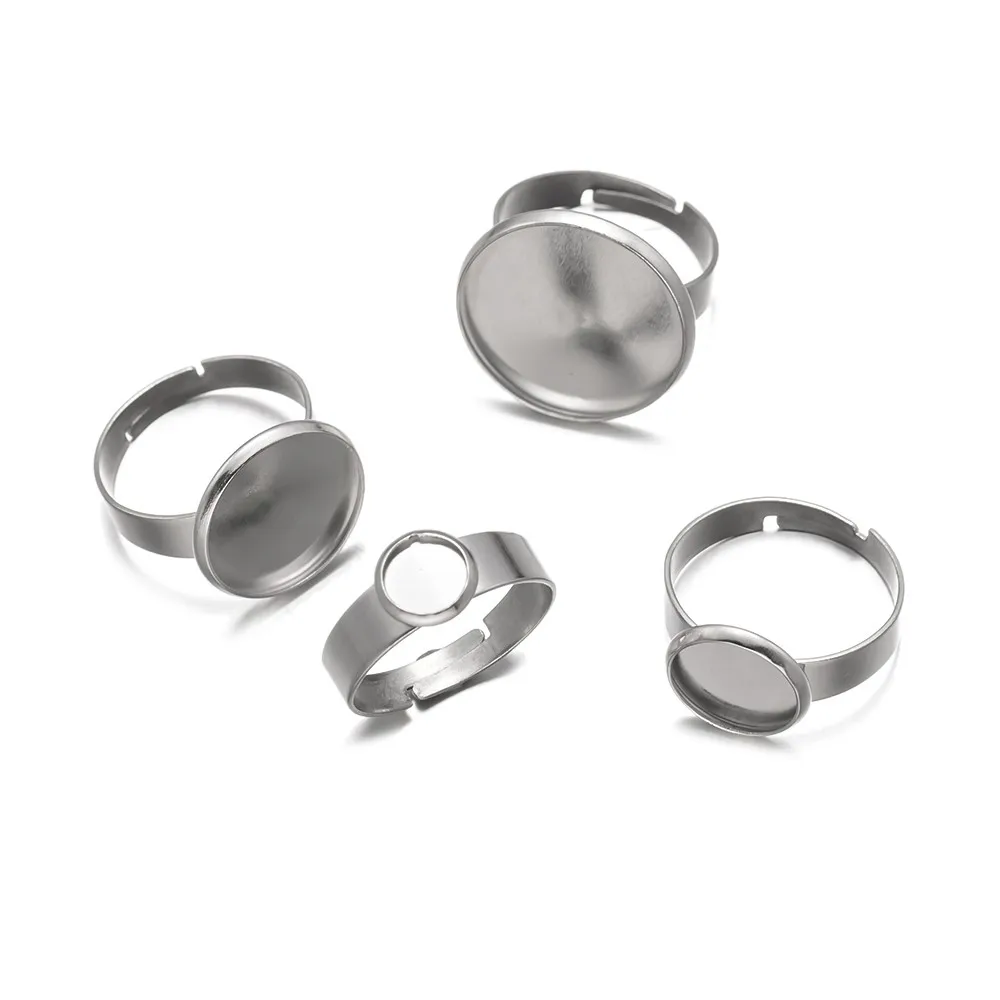 10Pcs 6/8/10/12/14/16/18/20mm Stainless Steel Adjustable Ring Glass Cabochons Setting Blank Base DIY Jewelry Making Accessories