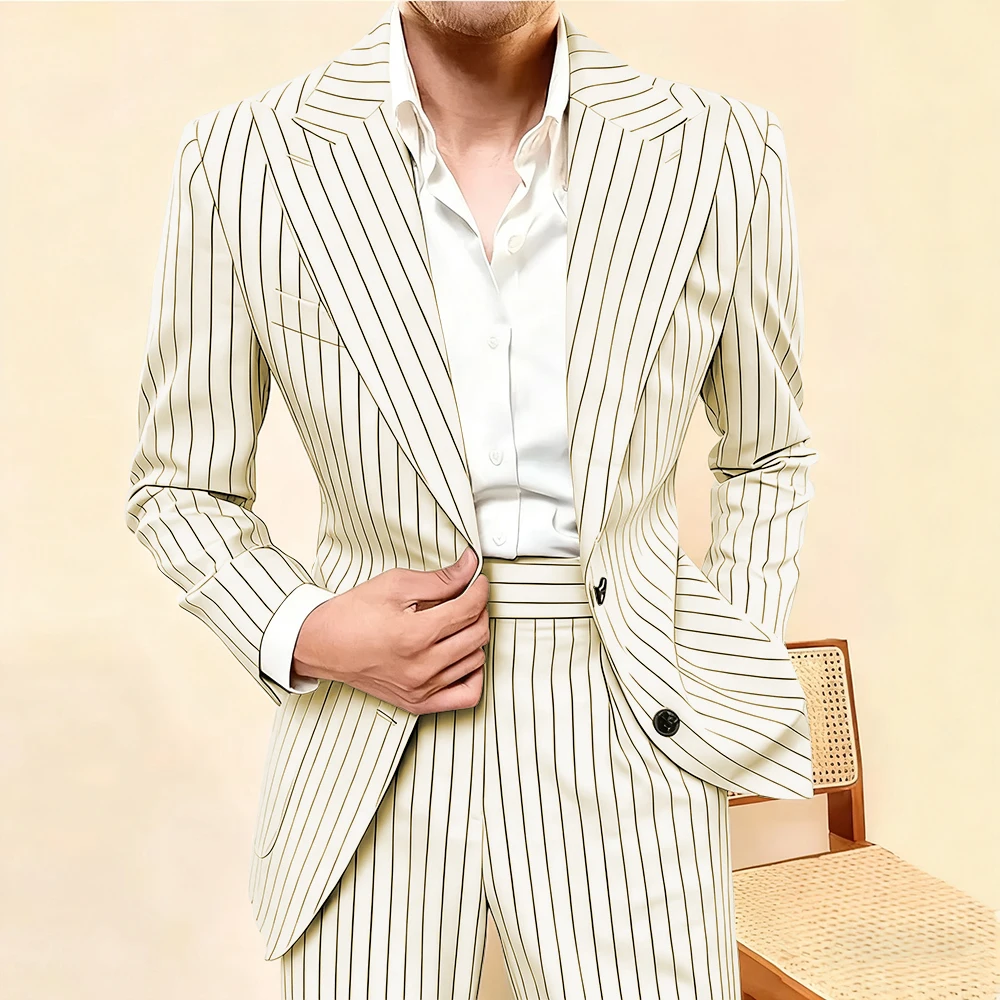 우아한 줄무늬 남성 정장 2 조각 패션 싱글 브레스트 피크 옷깃 의상 옴므 비즈니스 캐주얼 데일리 오피스 남성 자켓 바지