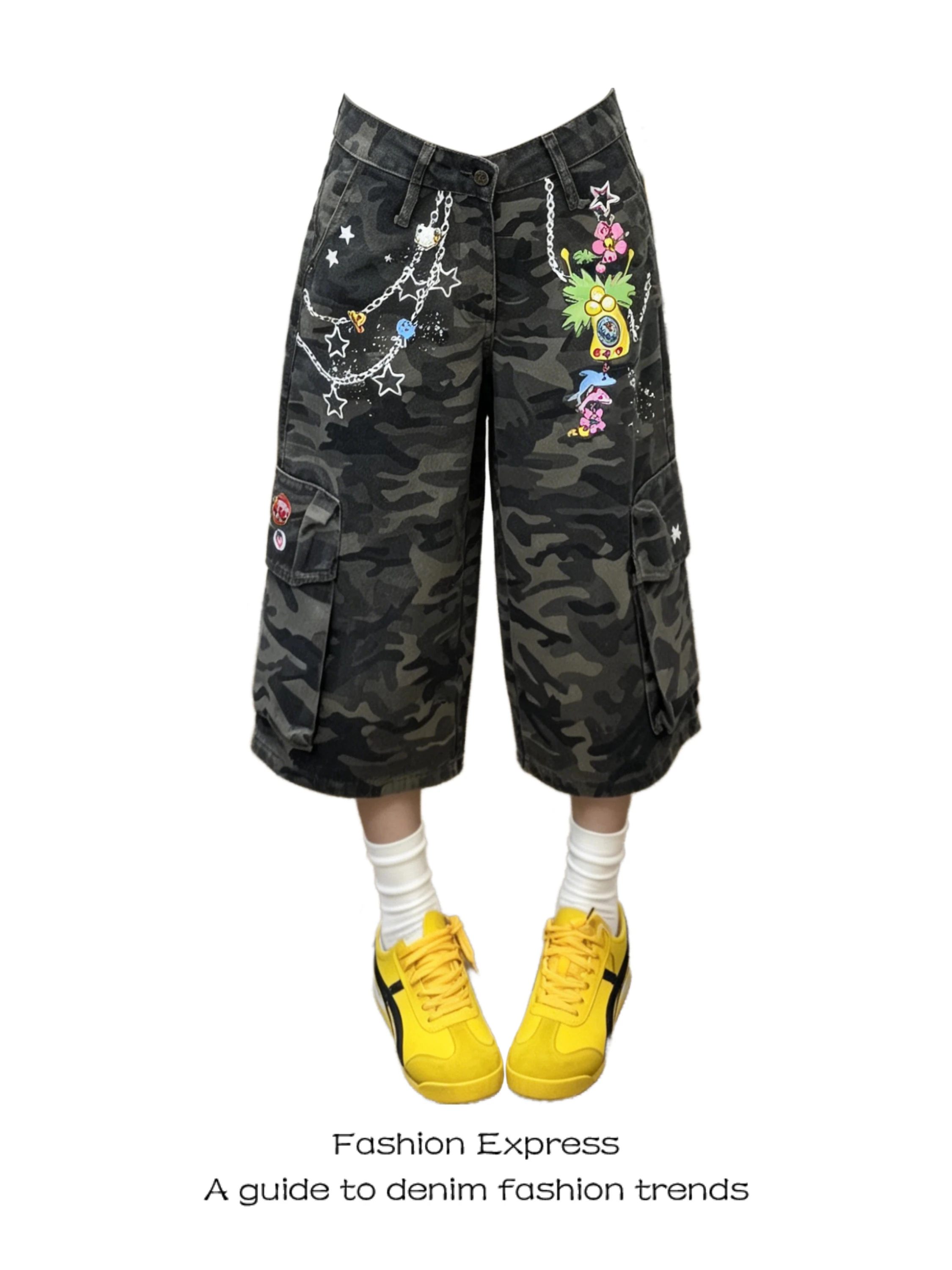 

American Style Seven-Foot Pants Women's Summer New Multi-Pocket Camouflage Casual Straight Leg Wide Leg Short Jeans