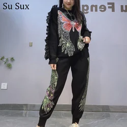 Ruffles Sequins Butterfly Knitted Pant Sets Tracksuit Women 2 Pieces Casual Pullover Knitshirt Outfits Vestidos Bust 118cm