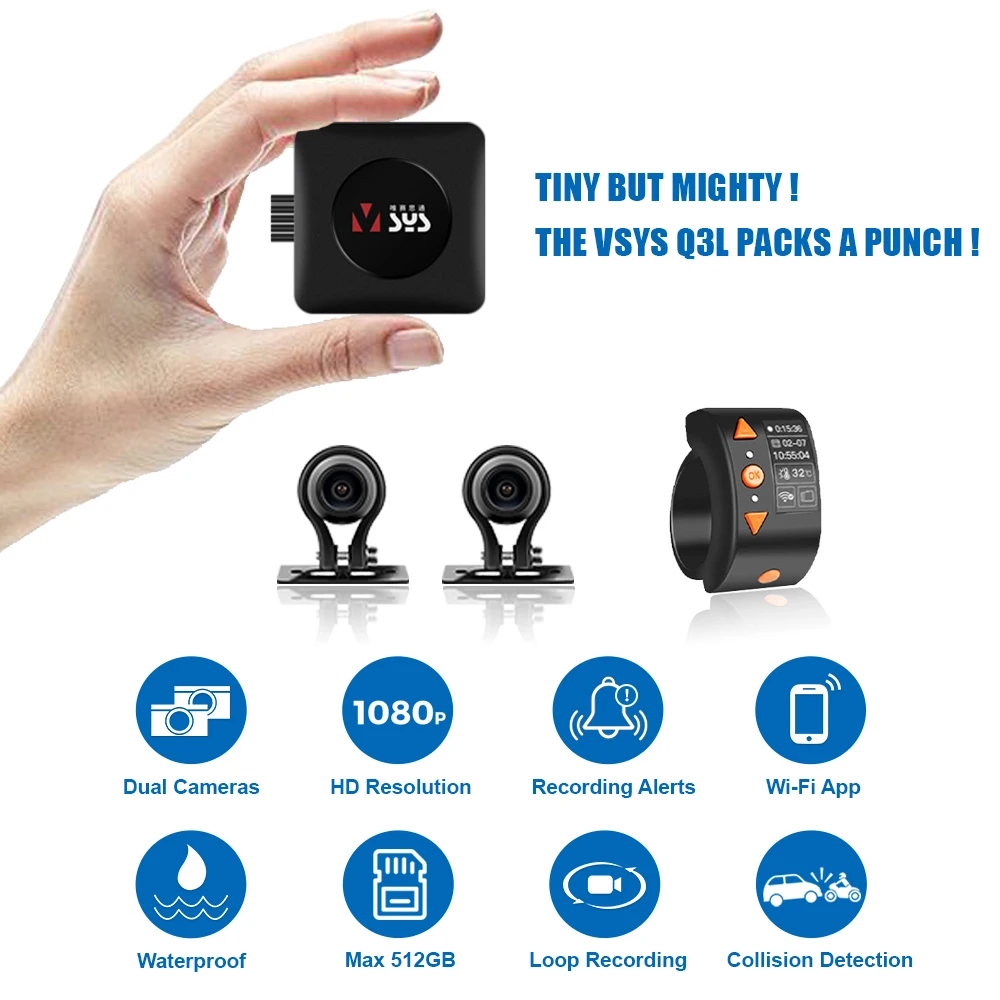 كاميرا VSYSTO Q3L صغيرة للدراجات النارية مع كاميرات مقاومة للماء أمامية وخلفية 1080 بكسل، تدعم WiFi 512 جيجابايت وتسجيل الحلقة #2