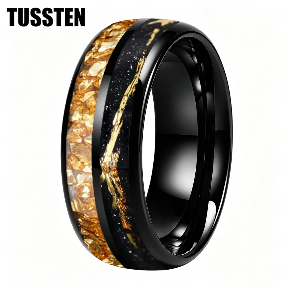 tussten-6-8mm-メンズ＆レディース-ウェディング用タングステンリング。ドーム型で研磨仕上げ、二重溝にクリスタルと金箔をあしらったデザイン。