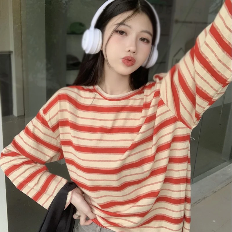 Spring Autumn Women Harajuku O Neck Striped T Shirt Long Sleeve T-Shirts Korean Casual Oversized T Shirt Femme Tops