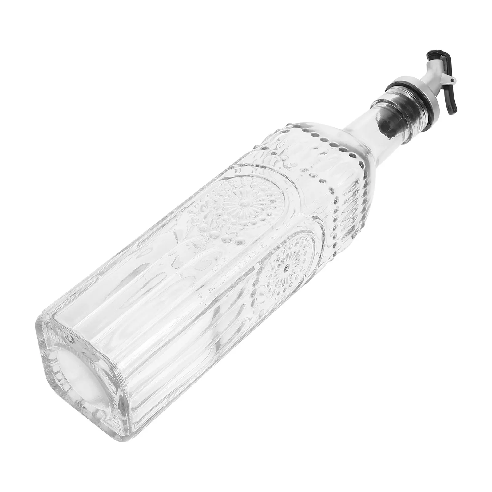 Artisan Glass Oil Dispenser Bottle Featuring Floral Etching Auto-Open Close Spout for Drip-Free Olive Oil Vinegar Soy Sauce