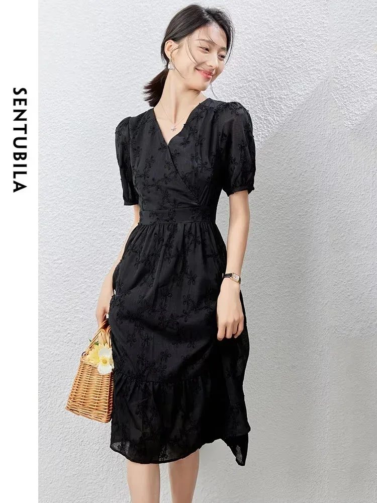 

SENTUBILA Summer Wrap Dresses For Women 2025 Fashion Elegant Black Jacquard V Neck A Line Short Sleeve Chiffon Dress Q32L48304