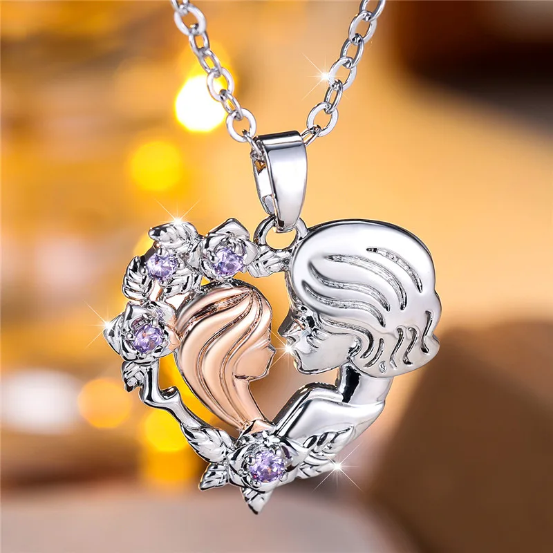 Weibliche Kristall lila Zirkon Stein Herz Anhänger Halskette Vintage Hochzeits schmuck für Frauen