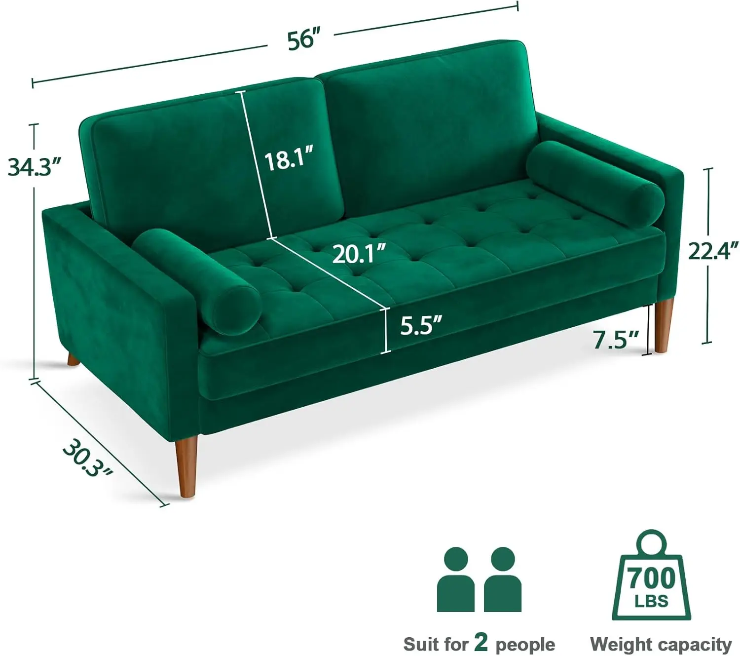 โซฟา Vesgantti Loveseat, โซฟากํามะหยี่สีเขียวขนาด 56 นิ้วโซฟาขนาดเล็ก Love ที่นั่งโซฟาพร้อมที่นั่งกระจุก, โซฟา Mid Century Modern