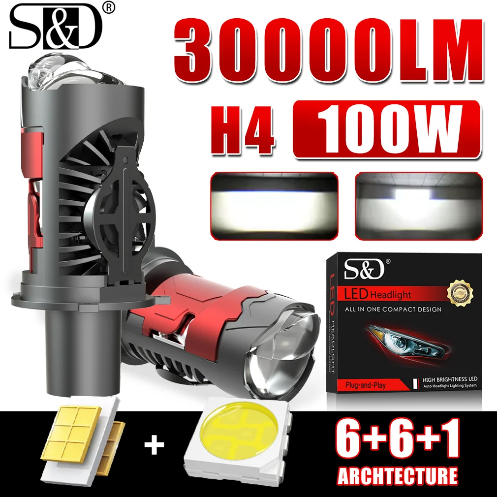 

S&D H4 Светодиодная лампа для фар с линзой проектора 30000LM 100W 6000K Супер яркие лампы для автомобильных фар Canbus H4 с турбовентиляторами 15000PRM