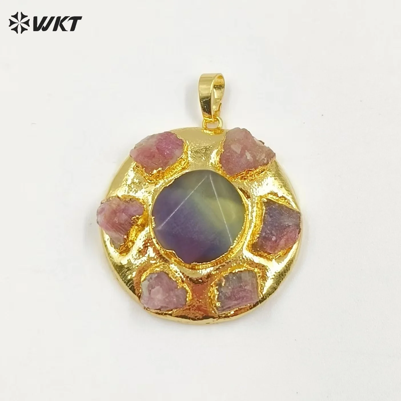 WT-P1942 Wholesale Vintage Yellow Brass Tourmaline Fluorite And Biwa Pearl Pendant DIY Craft Chain Necklace Accessories