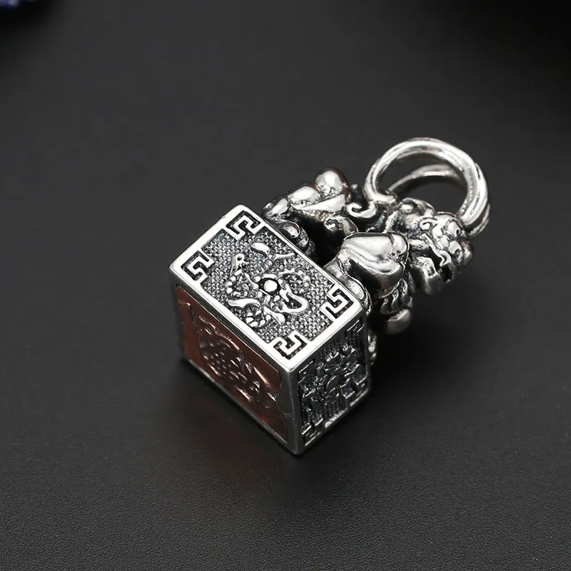 sterling silver ornament retro personality trend Thai silver square seal elegant Four Sacred Beasts men and women pendant