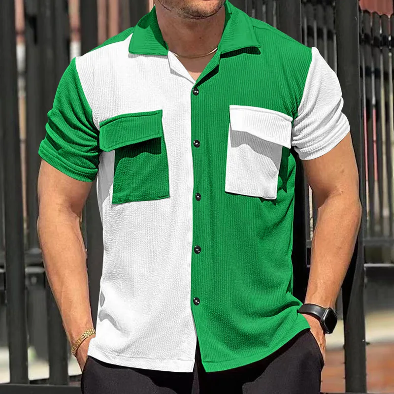 GZMS-2024Summer New Men's Color Matching Short Sleeve Breathable Casual Beach Shirt Short Button Cardigan