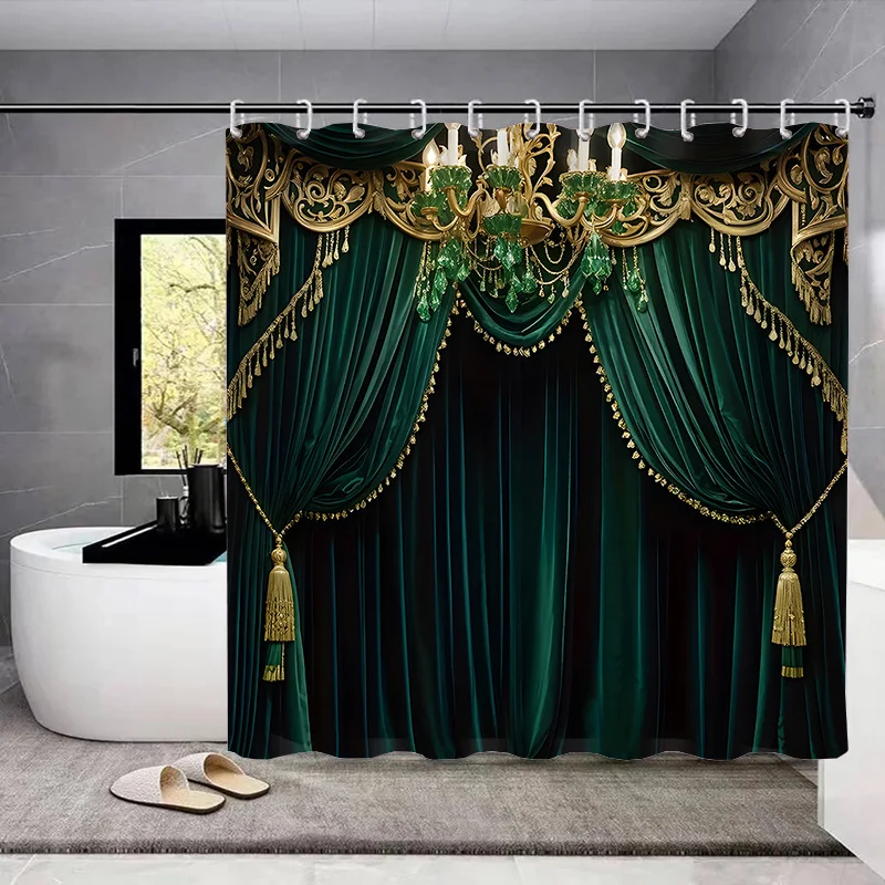4PCs home decor shower curtain sets with 12 hooks, toilet seat cover bathroom mat non-slip rug carpet polyester fabric washa