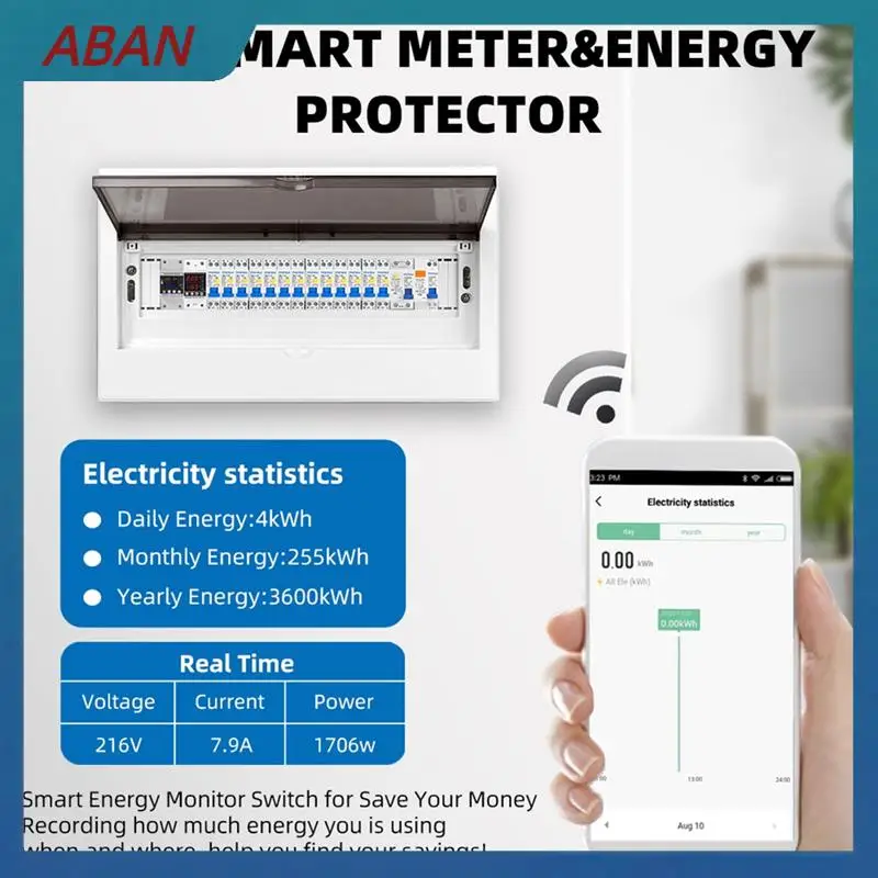 ABAN 63A TUYA Wifi Smart Earth Leakage Over Under Voltage Protector Relay Circuit Breaker Energy Power Kwh Meter