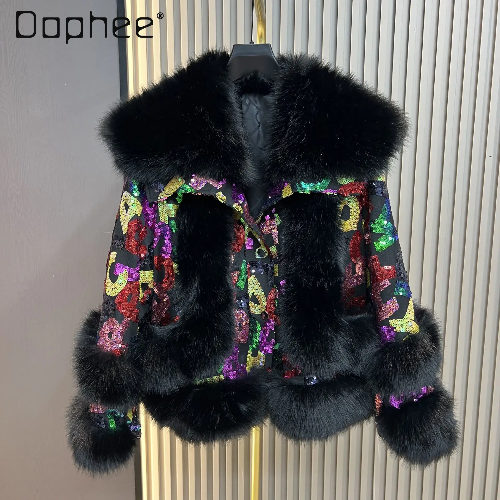 

Faux Fox Fur Coat for Women 2025 Autumn New Fashion Sequin Thickened Cotton Sweet Pink Faux Fur Winter Coat Women