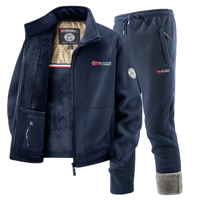 الشتاء الصوف مبطن ملابس رياضية مجموعة رجل الرجعية التدريب سميكة جاكيت من الصوف السراويل قطعتين مجموعة عارضة التزلج الجري رياضية البدلة