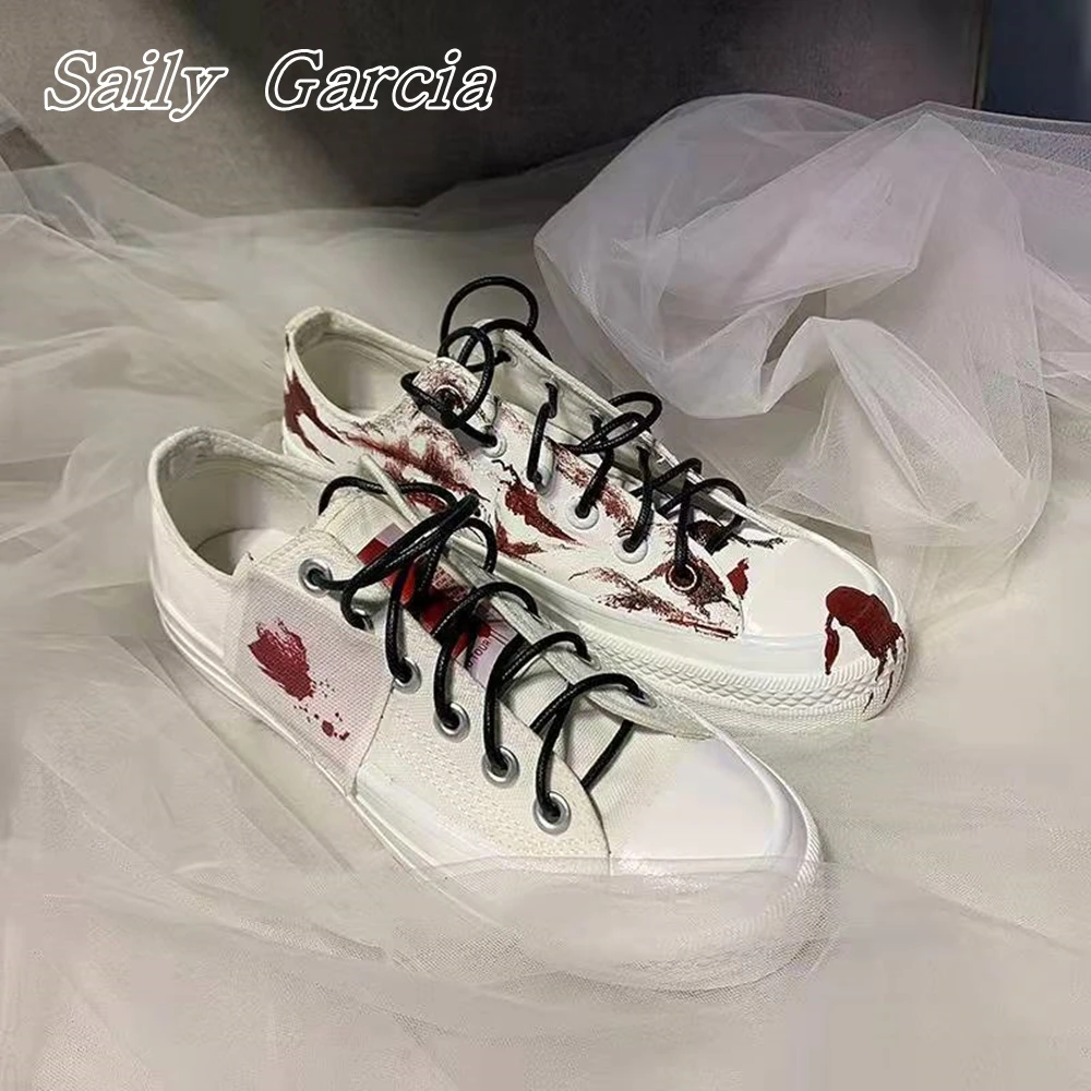 Blood Stained Rose Flower Flat Canvas Shoes New Design Largre Size Men/Women Vulcanized Shoes Round Toe Platform Casual Shoes