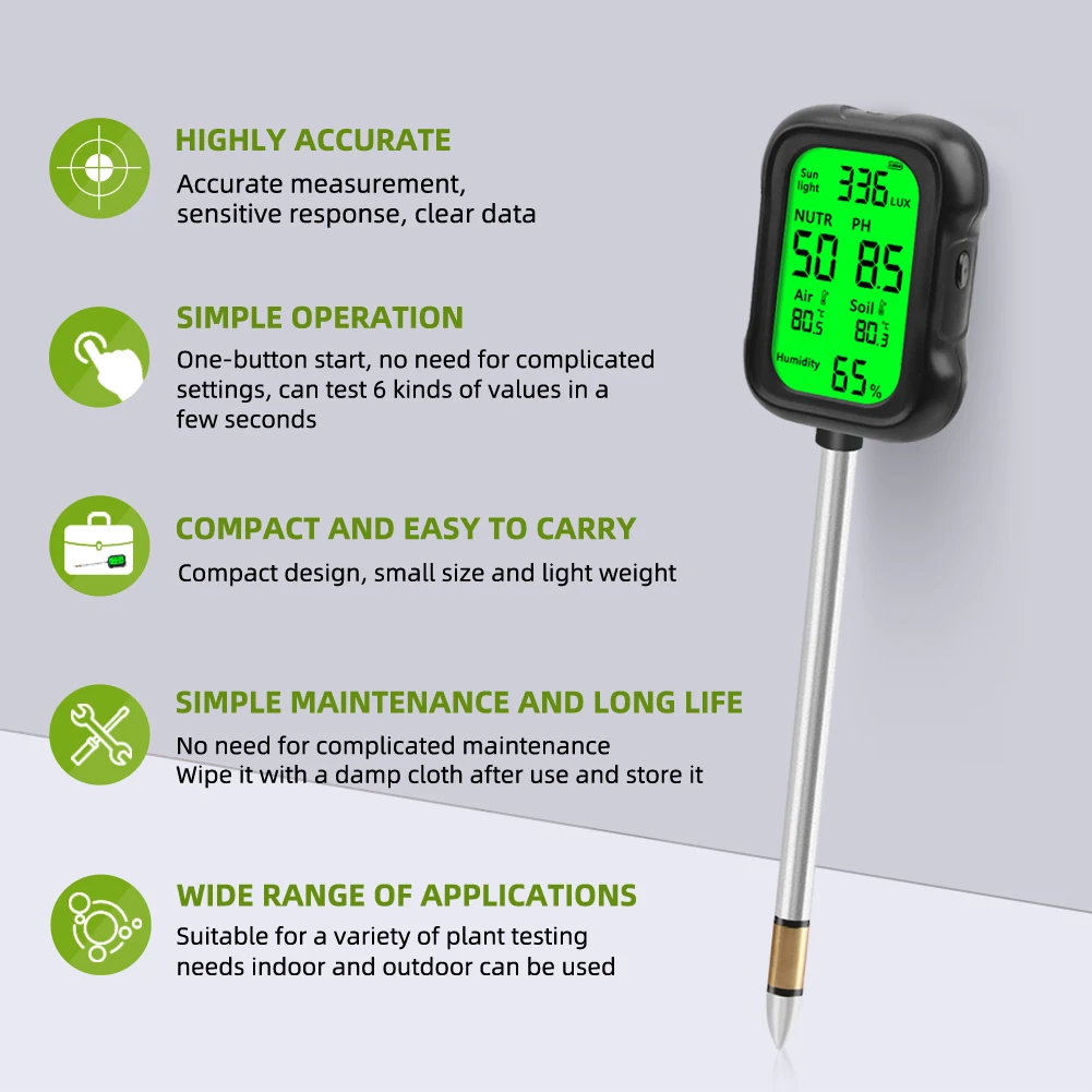 Medidor de umidade do solo com sensor de luz 6 em 1 testador digital de solo para plantas com lux preciso e display de umidade interno e externo