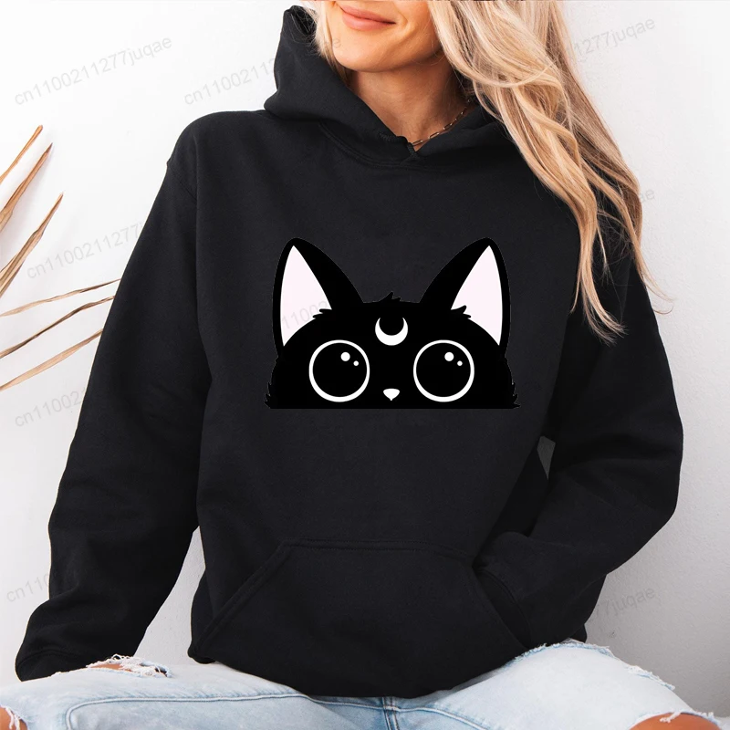 ساحرة القطة السوداء المرأة هوديس ملابس رياضية الصوف هوديي الشارع هوديي موضة قمصان غير رسمية هالوين الرعب القط طباعة الملابس
