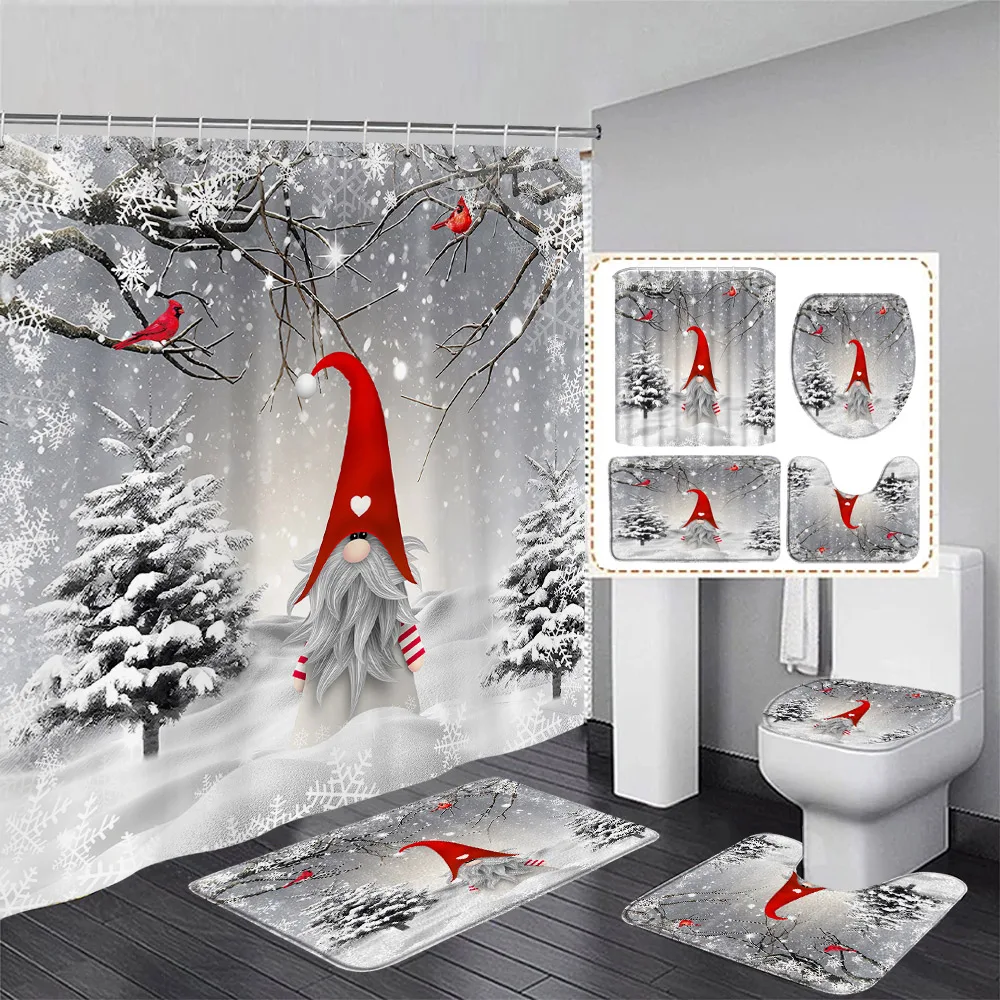 Funny Snowman Christmas Shower Curtain Set Fir Branch Snowflake Buffalo Plaid New Year Xmas Bathroom Decor Bath Mat Toilet Cover