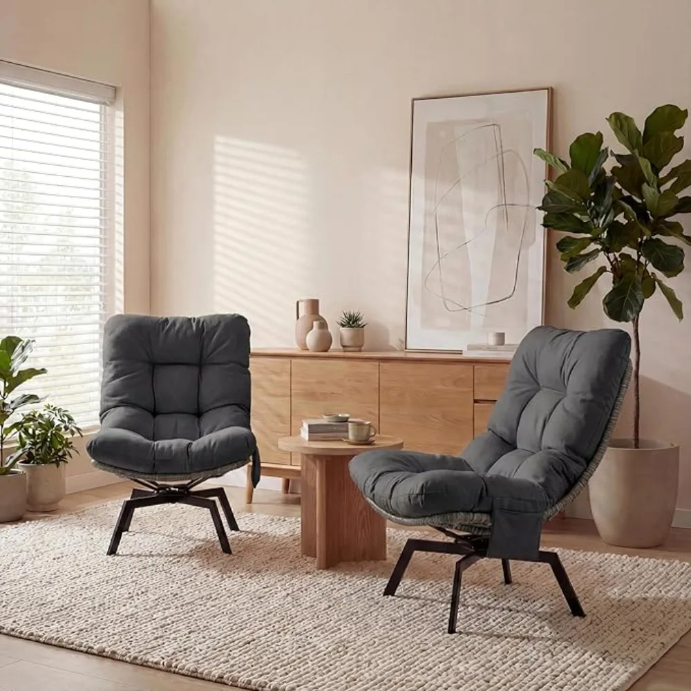 Accent Chair Set o 2, ern Wicker Swivel Living Room Chairs with Oversized Seat & Cushion, Metal e, Pe ket or Bedroom, Study, Bal
