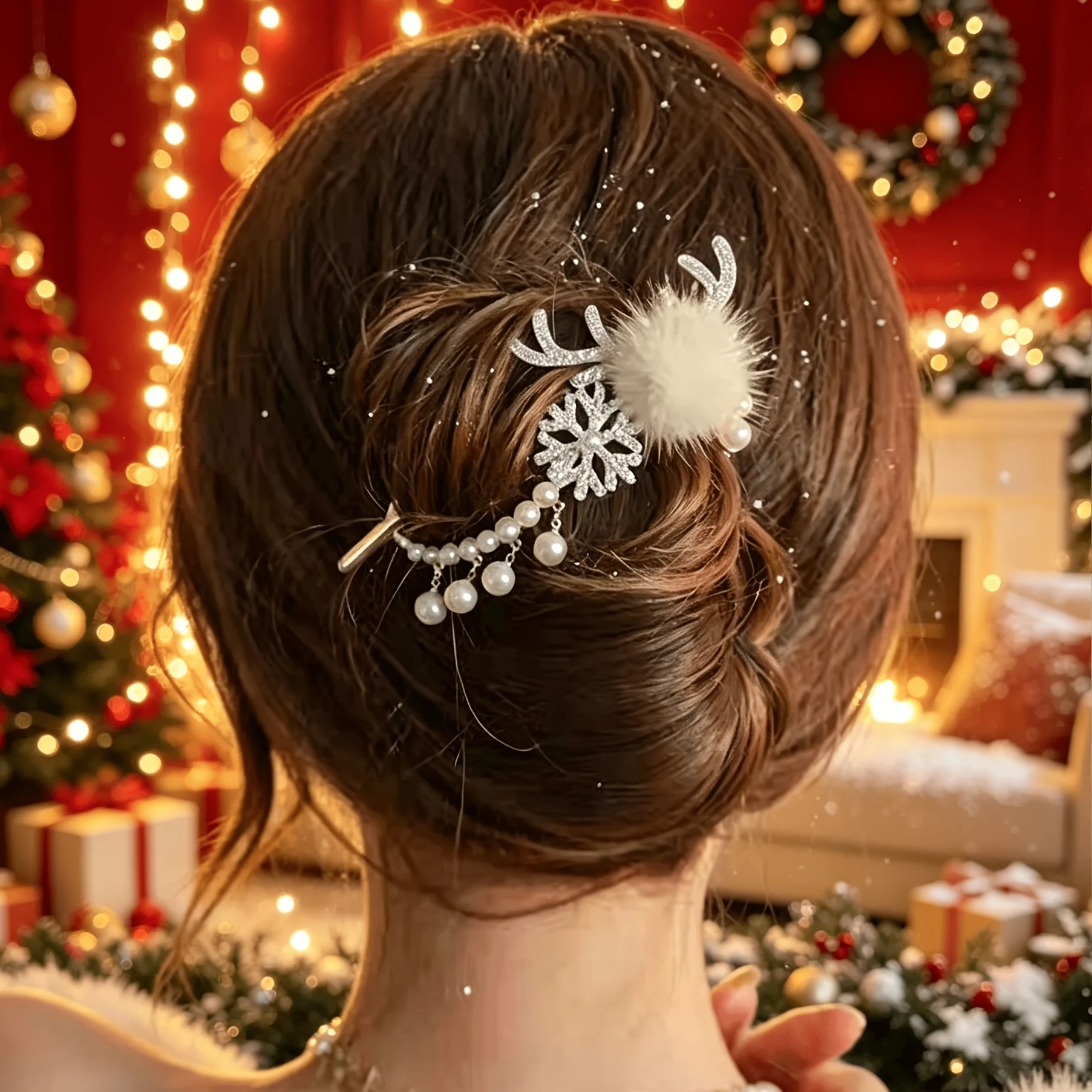 2PCS Christmas Hair Clips with Pom-Poms, Rhinestones, Antlers, and Snowflakes, for Women's Back of Head Updos, Perfect for Chris