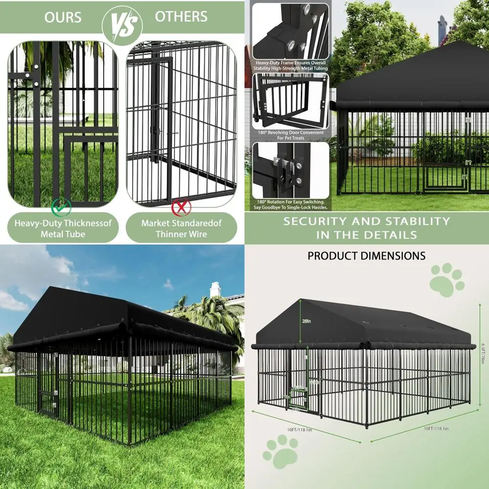 

Sturdy Metal Dog Kennel 10x10x6.5 ft, Rotating Door, Fully Waterproof Cover, Ideal for Medium & Large Dogs
