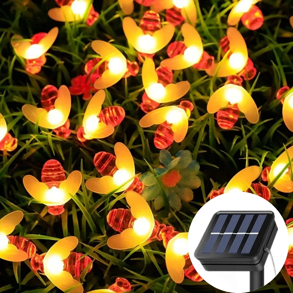 20/50/100LED الشمسية النحل سلسلة مصباح في الهواء الطلق الجنية ضوء شجرة عيد الميلاد جارلاند 8 طرق مقاوم للماء فناء حديقة حفل زفاف ديكور