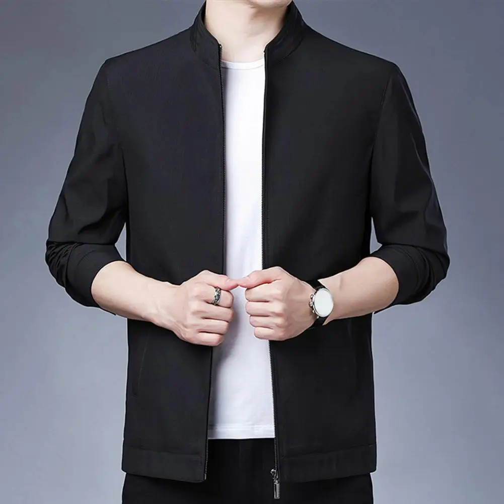 Spring Autumn Jacket Stylish Men's Slim Fit Suit Jacket with Stand Collar Zipper Cardigan Business Pockets for Spring Fall Men