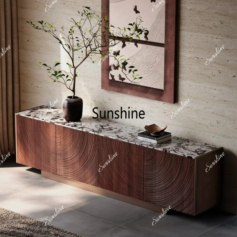 The retro TV cabinet features a high-end design with carved solid wood and a minimalist floor-to-ceiling design