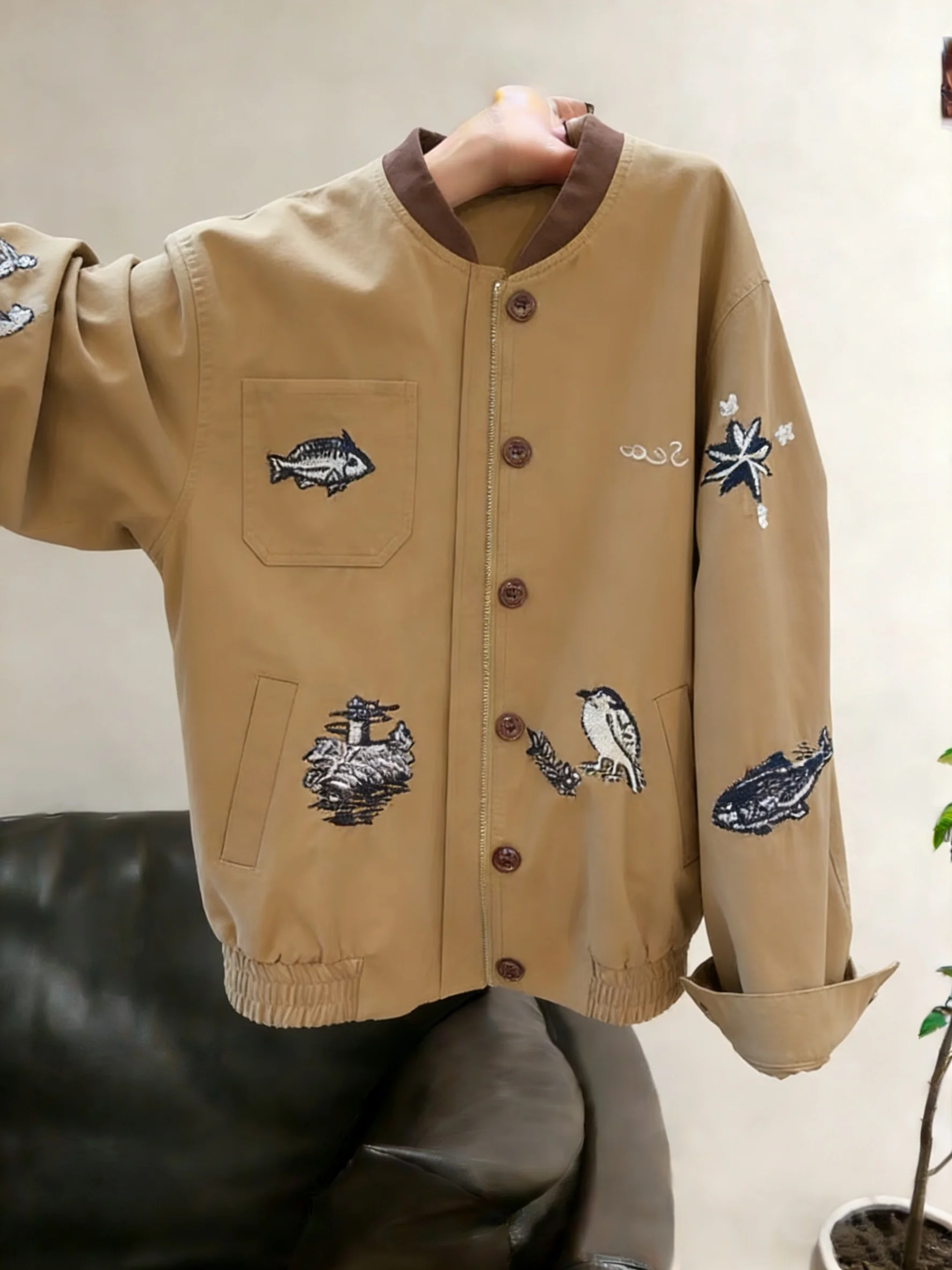 

Heavy-Weight Printed Jaet Stand-Collar Workwear Top for Men And Women Spring Autumn Trendy Brand Small Commute Sle