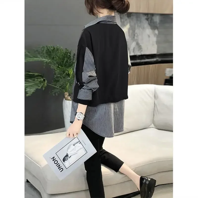 Fashion Lapel Spliced Striped Fake Two Pieces Shirts Women's Clothing 2024 Autumn Winter Loose Casual Tops Asymmetrical Blouses