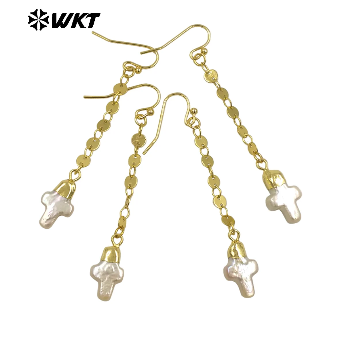 

WT-MPE144 Wholesale New Style Long Dangle With Chain Natural Freshwater Pearl Cross Charms Earrings