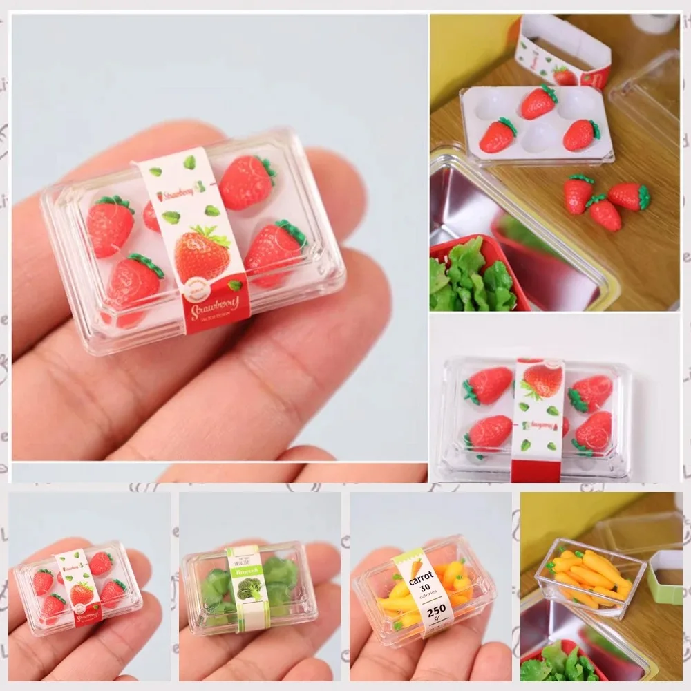 Nuevo 1/6 casa de muñecas en miniatura comida supermercado frutas y verduras con caja transparente para Blyth OB11 BJD accesorios para muñecas Juguetes