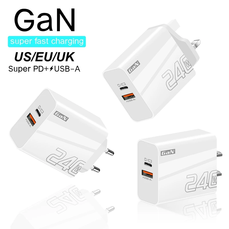 240W Fast Charger Double Ports USB Type-C Quick Charging Head QC3.0 Wall Charger Adapter EU/US/UK Pl