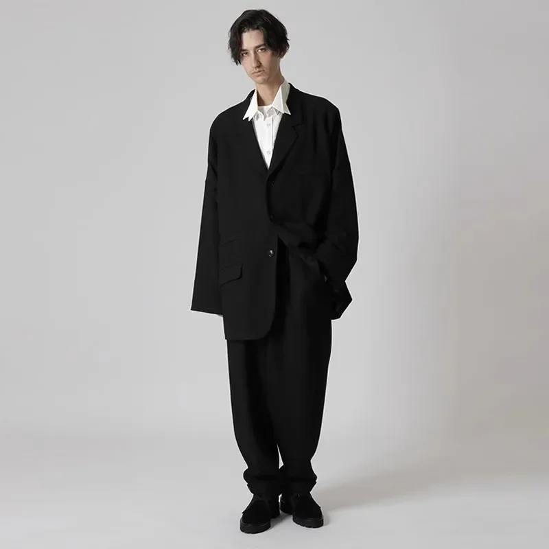 

YOJI OOAK, оригинальный дизайн, свободный костюм с откидным карманом, черная мужская куртка со свободными лацканами и заниженными плечами