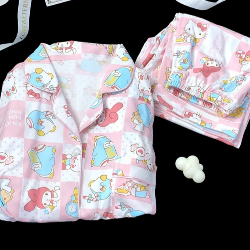 Sanrio musim gugur hello kitty lucu manis piyama lengan panjang wanita melodi kartun diperiksa susu sutra kerah kardigan set pakaian santai