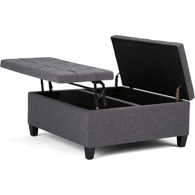 

Harrison 36 inch Wide Square Coffee Table Lift Top Storage Ottoman in Upholstered Slate Grey Tufted Linen Look Fabric